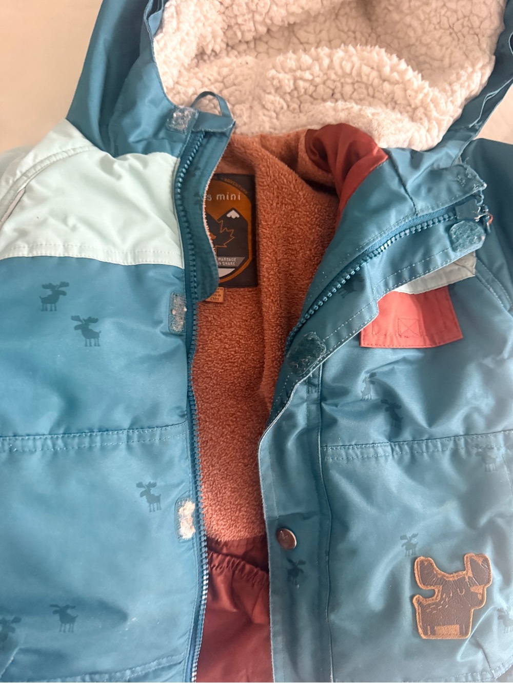 Kids Teal Moose-Accent Insulated Puffer Jacket with Sherpa Hood